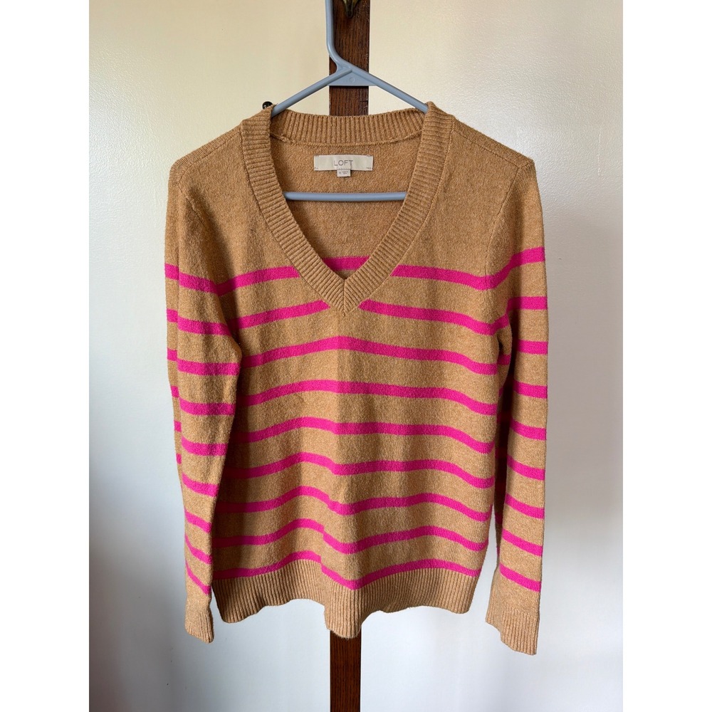 LOFT Women M V-Neck Sweater Tan Hot Pink Stripe LS Knit Pullover Autum Bold Boho
